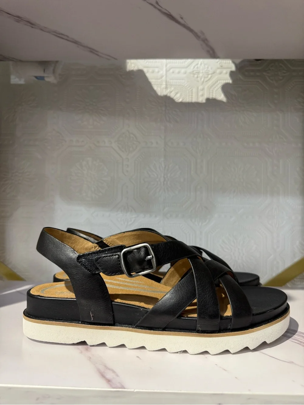 Aetrex Carmen Black SF130W36 Crisscross Strappy Sandals with White Platform